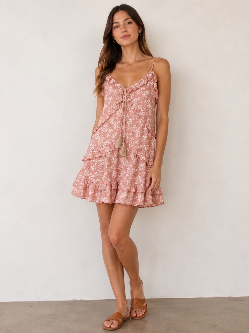 Paper Heart Pink Floral Ruffle Mini Dress Tassel Tie Adjustable Bohemian Size 10